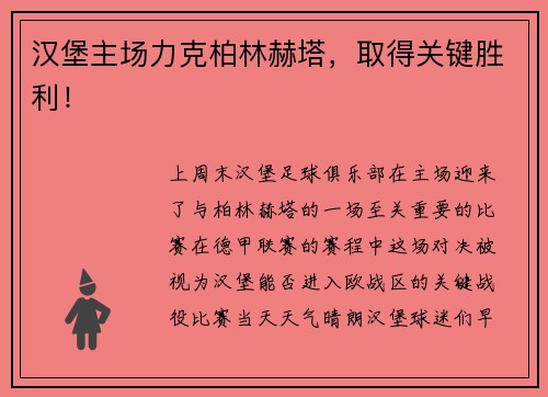汉堡主场力克柏林赫塔，取得关键胜利！